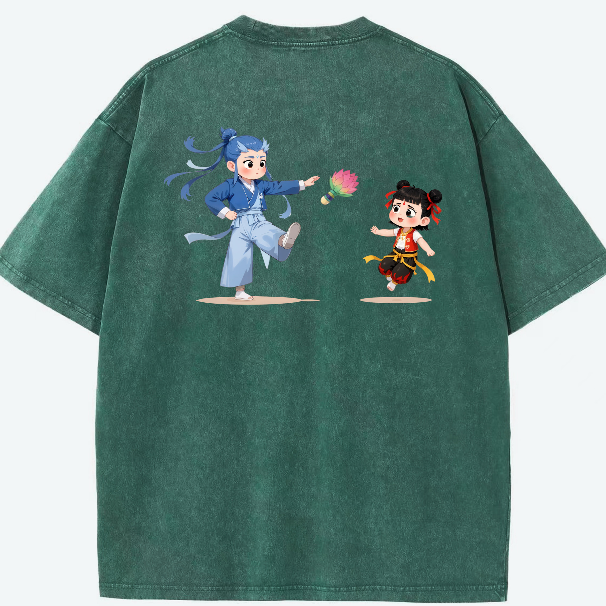 （画像用） Ne Zha 2 ナタ 魔童の大暴れ 綿100% ヴィンテージ風 半袖Tシャツ（背面プリント）